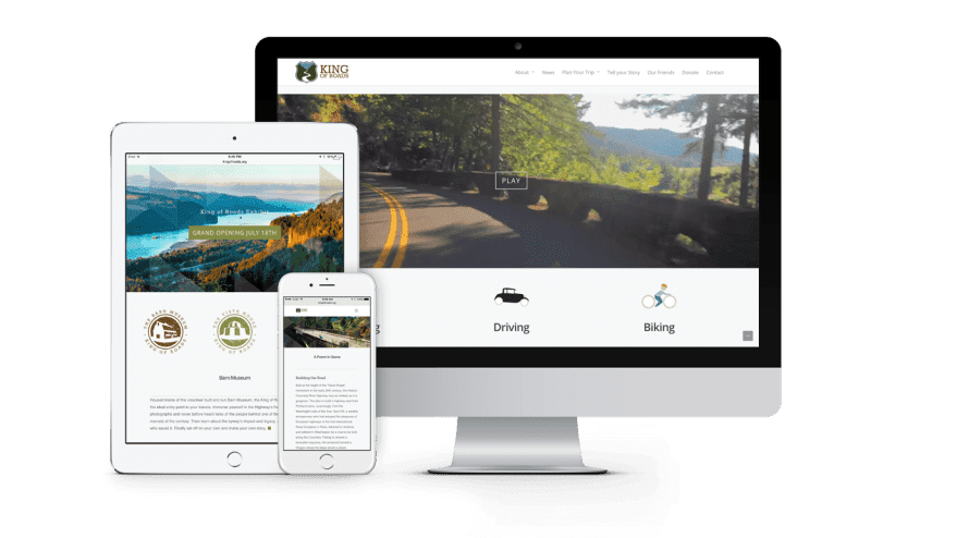 The King of Roads responsive website shown on desktop, tablet, and mobile