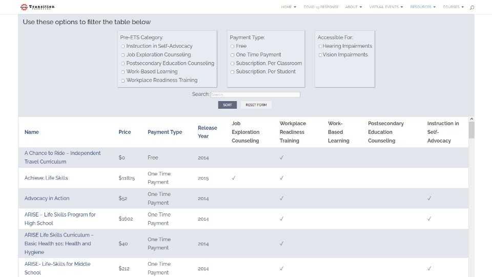 Searchable Curriculum Database with checkboxes to filter items, and a list of filtered curriculum below